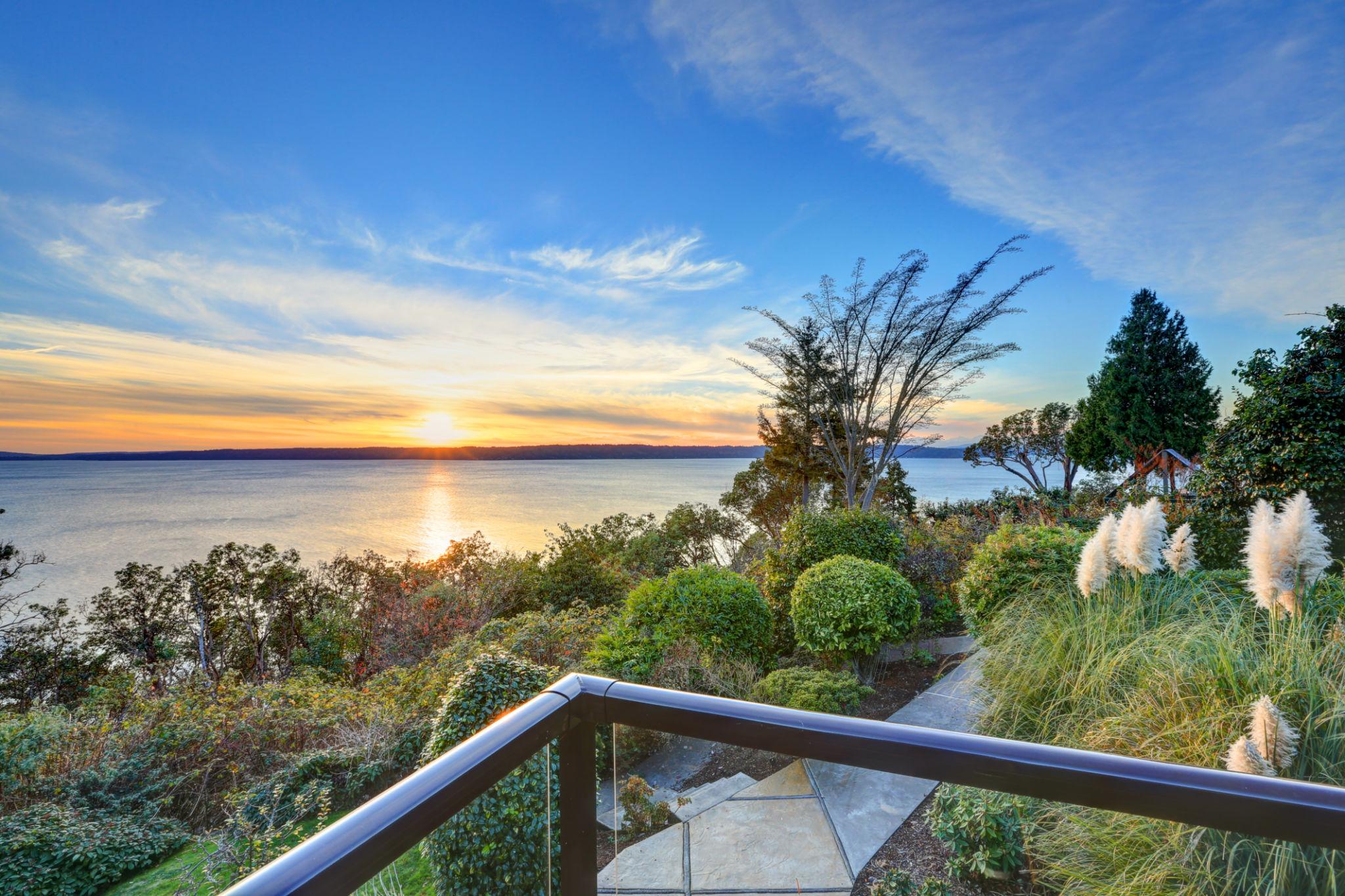 Sunset over Puget Sound from a Pacific Northwest property balcony